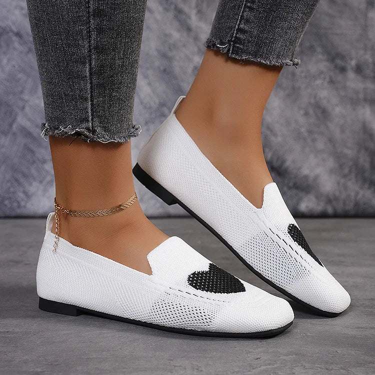 Heart Print Square Toe Knit Breathable Casual Slip Flats