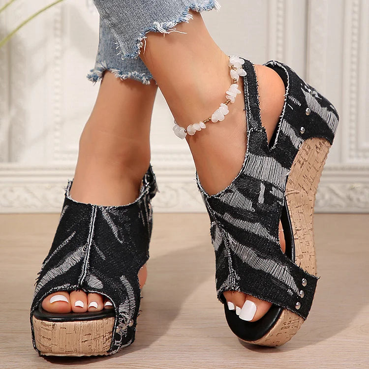 Denim Ripped Rivet Decor Cutout Slingback Strap Platform Wedge Sandals