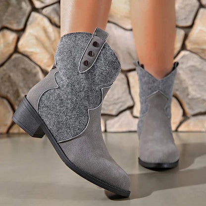 Patchwork Round Toe Chunky Heel Pull On Ankle Boots