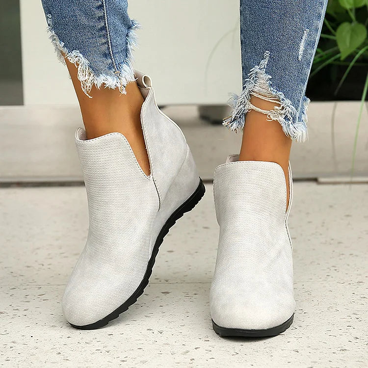 V Cut Solid Color Round Toe Wedge Heel Slip On Ankle Boots