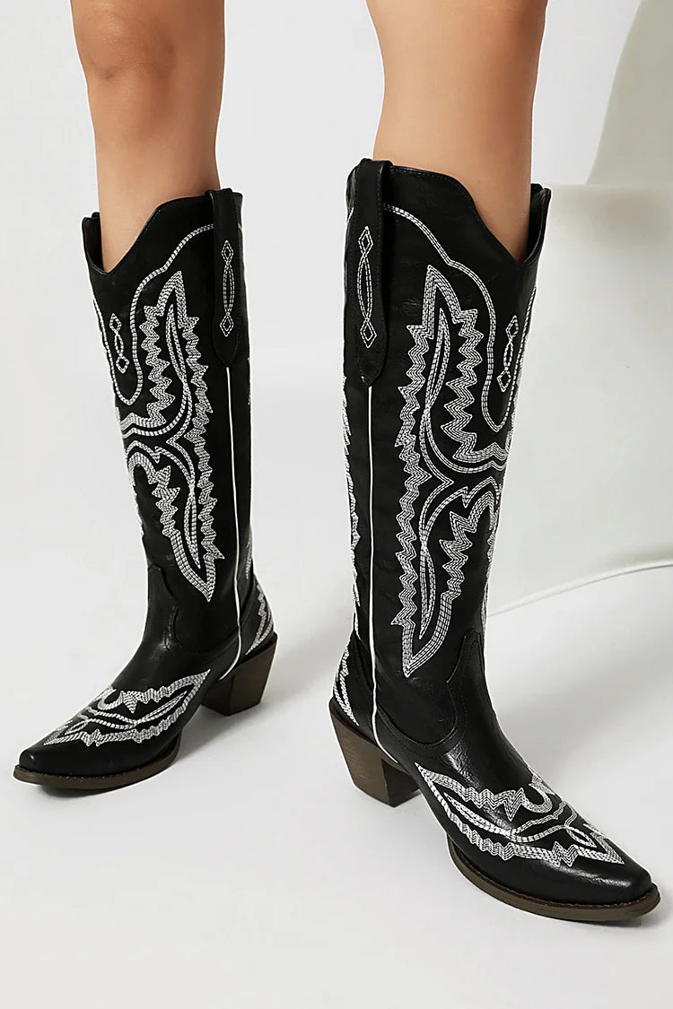 Pointed Toe Embroidery Patchwork Chunky Heel Pull On Western Boots