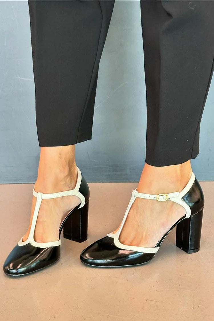 Round Toe Colorblock T-Strap Buckle Black Chunky Heels [Pre Order]