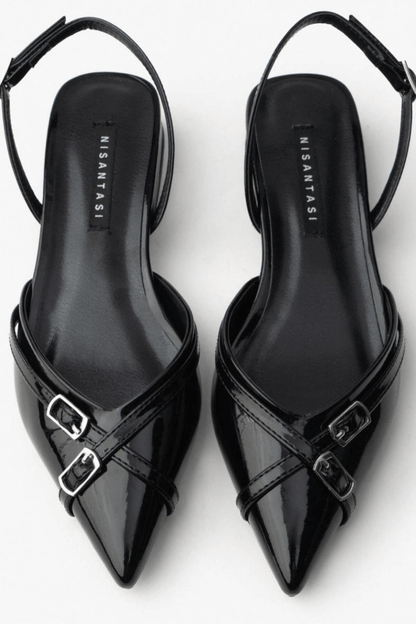 Strap Buckle Pointed Toe Black Slingback Flats