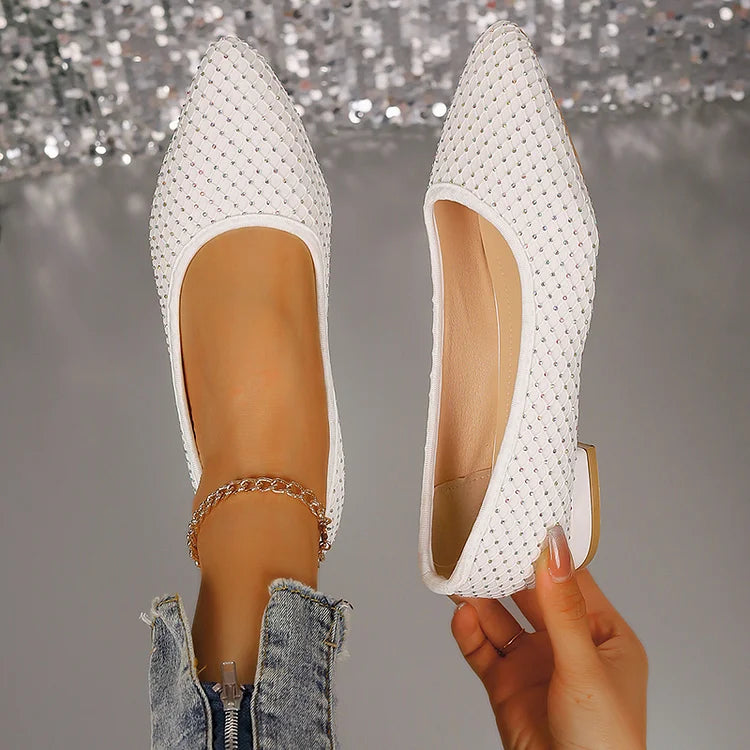 Rhinestone Decor Fishnet Patchwork Pointed Toe Flats