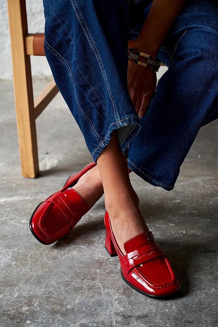 Solid Color Patchwork Square Toe Red Chunky Heels [Pre Order]