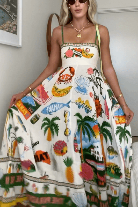 Unique Print Smocked Maxi Dress