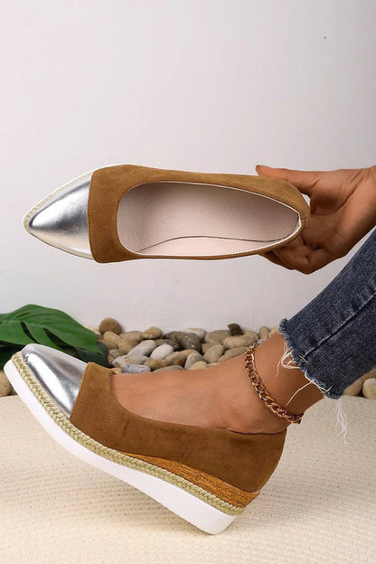 Metallic Sheen Patchwork Pointed Toe Slip On Wedge Heels