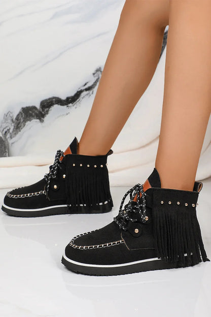 Fringed Trim Metallic Studded Round Toe Lace Up Ankle Boots