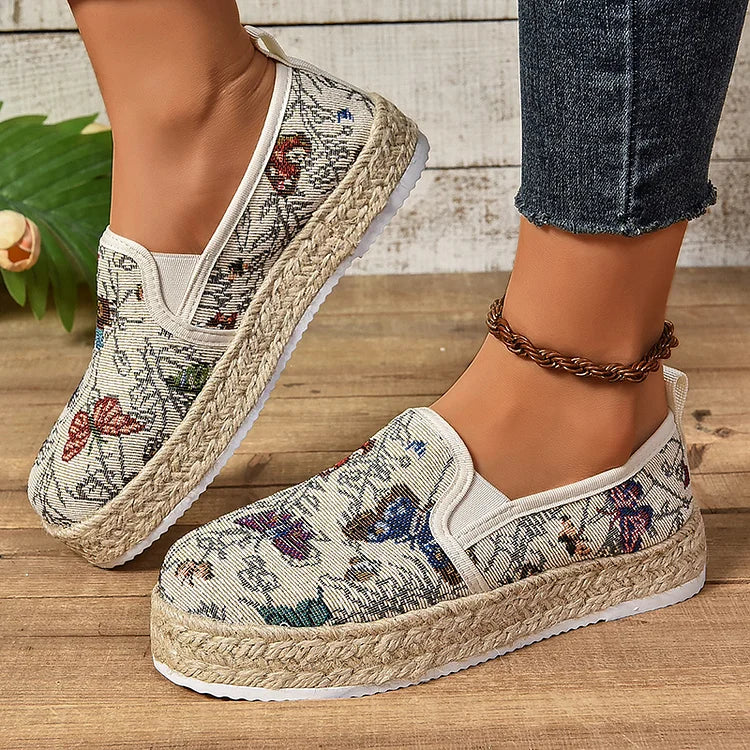 Casual Pattern Print Woven Platform Round Toe Canvas Loafers