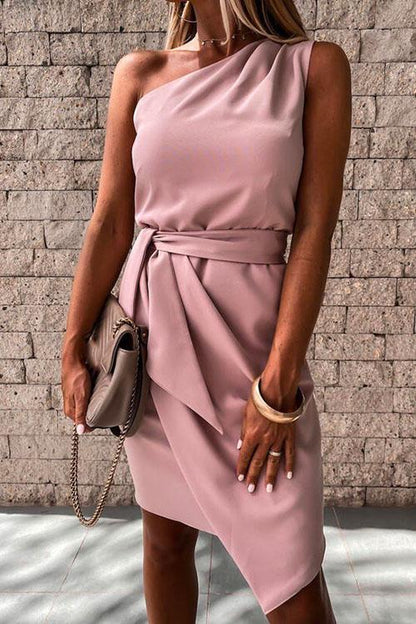 One Shoulder Sleeveless Tie Waist Ruched Dress