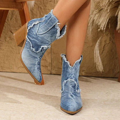 Stitch Detail Raw Trim Patchwork Pointed Toe Chunky Heel Ankle Boots