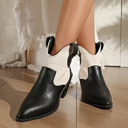 Colorblock Stitch Detail Pointed Toe Chunky Heel Mid Boots