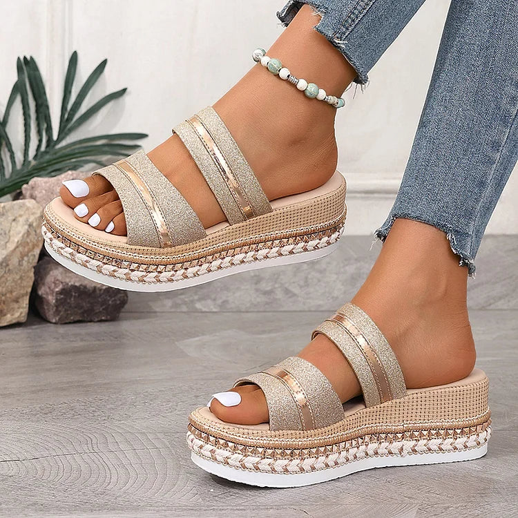 Shimmering Patchwork Studded Decor Seam Platform Wedge Slippers