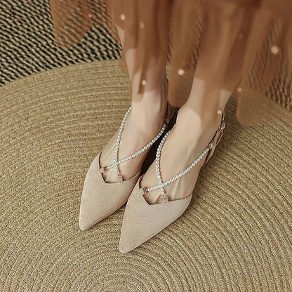 Criss-Cross Pearl Trim Strap Pointy Toe Matte Flats