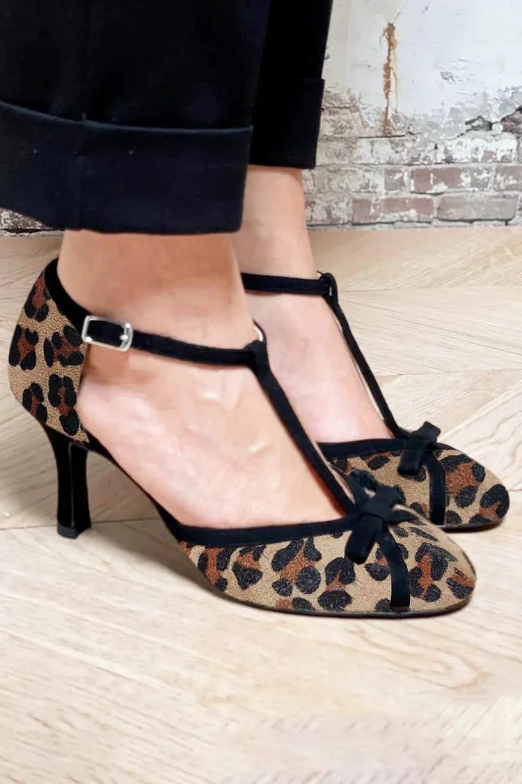 Leopard Print Bow Decor T-Strap Buckle Khaki Kitten Heels