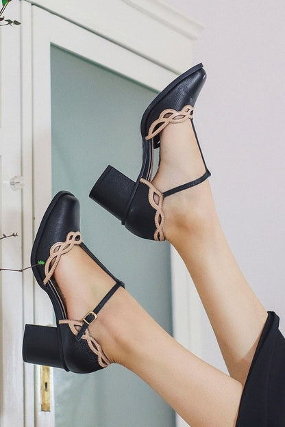 Hollow Out Colorblock Square Toe Black Chunky Heels [Pre Order]