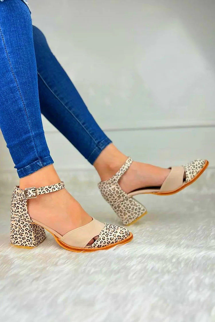 Leopard Print Patchwork Cutout Beige Chunky Heels [Pre Order]