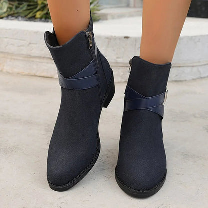 Patchwork Crossover Strap Buckle Pointed Toe Chunky Heel Mid Boots