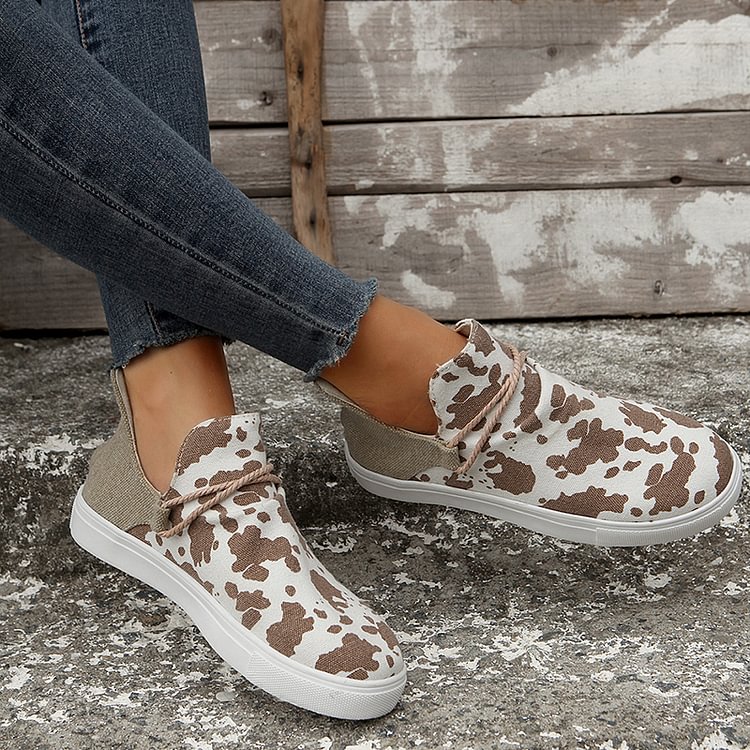 Cow Print Patchwork Round Toe Casual Flat Sneakers