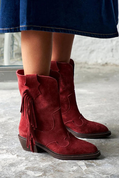 Fringe Patchwork Pointed Toe Burgundy Western Boots [Pre Order]