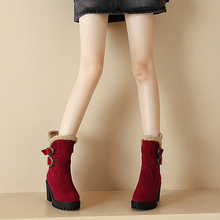 Two Straps Buckles Patchwork Round Toe Chunky Heel Mid Boots