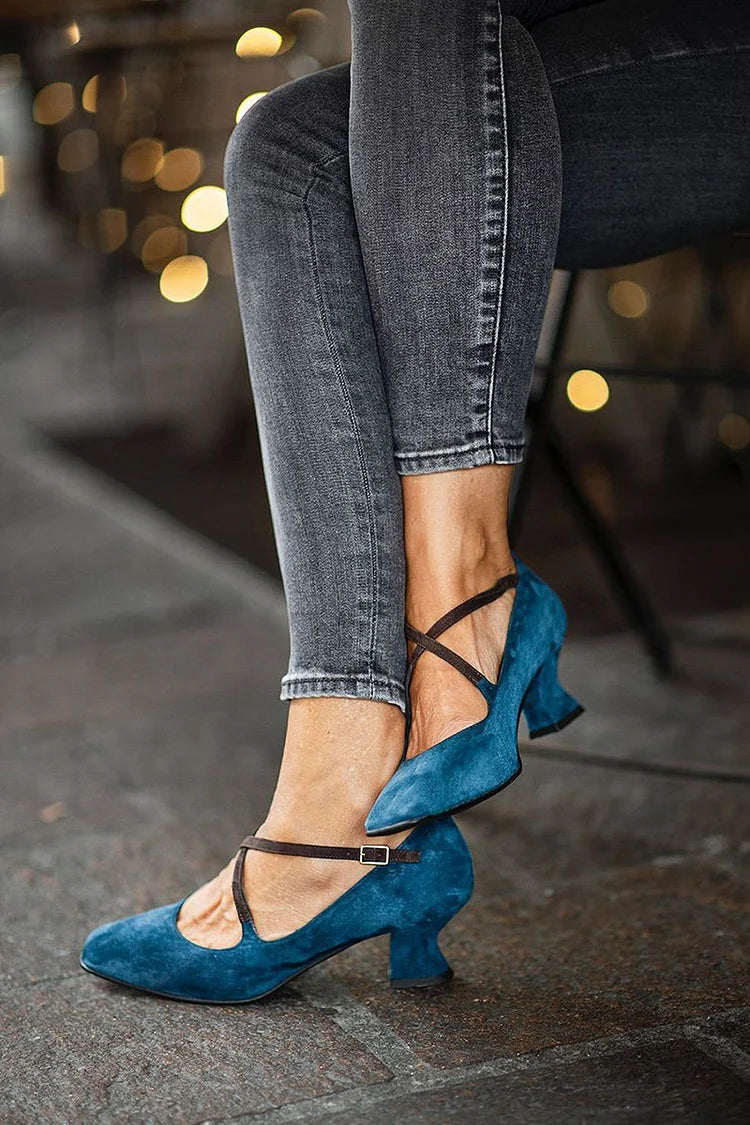 Colorblock Crossover Strap Square Toe Blue Chunky Heels