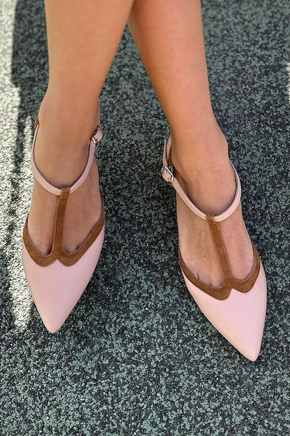 Colorblock T-Strap Buckle Pointed Toe Pink Flats [Pre Order]