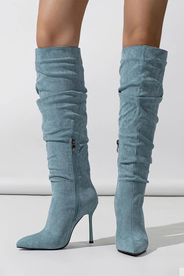 Ruched Pointed Toe Stiletto Heel Zipper Solid Color Knee High Boots