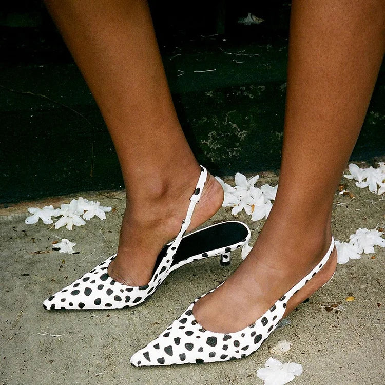 Animal Print Pointed Toe Slingback White Low Heels [Pre Order]