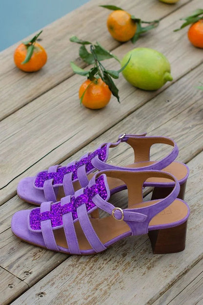 Sparkle Woven Square Toe Purple Chunky Heels [Pre Order]