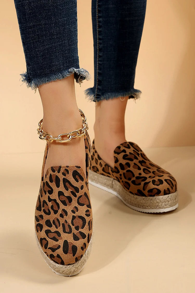 Leopard Print Round Toe Low Platform Casual Loafers