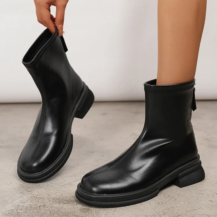 Stitch Detail Solid Color Zipper Round Toe Chunky Heel Mid Boots