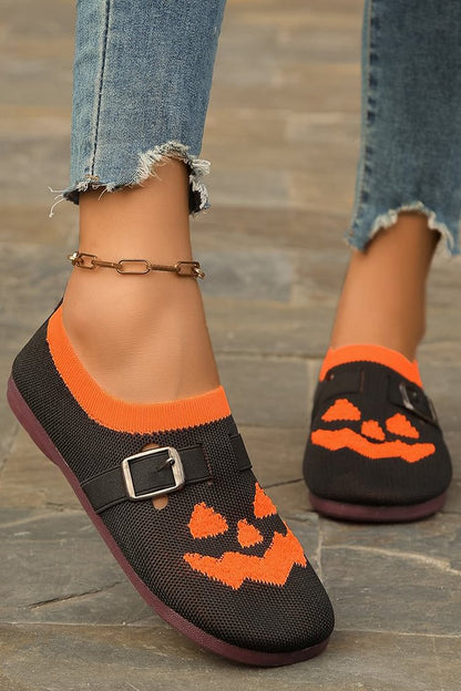 Colorblock Halloween Pumpkin Pattern Strap Buckle Decor Round Toe Flats