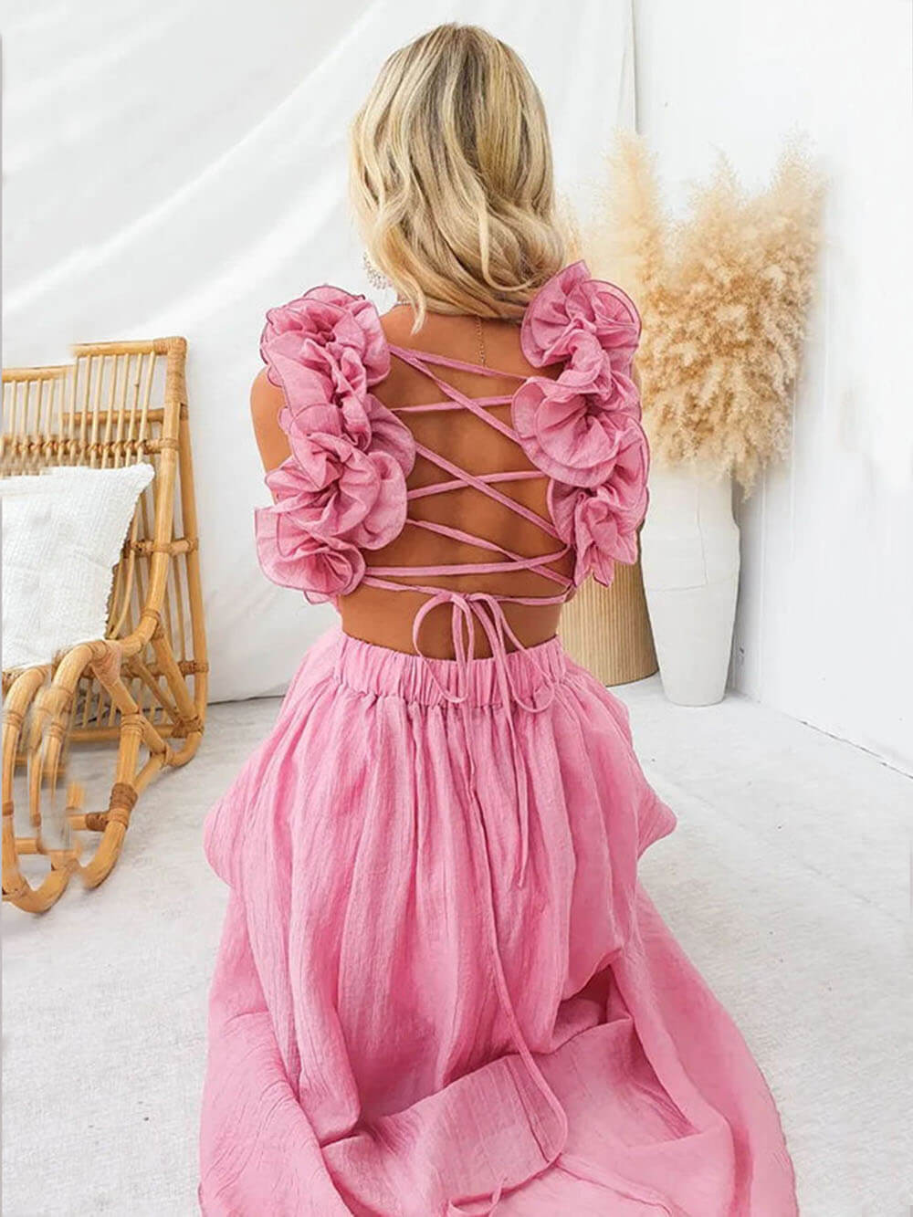 Floral Ruffle Detail Back Lace-Up Elastic Waist Maxi Dress