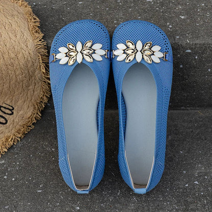 Metal Rhinestone Flower Decor Round Toe Low-Top Breathable Flats