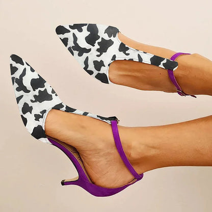 Cow Pattern Print Pointy Toe T-Strap Kitten Heels