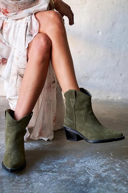 Stitch Detail Patchwork Pointed Toe Green Western Boots [Pre Order]