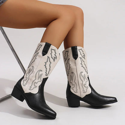 Colorblock Embroidery Pointed Toe Chunky Heel Mid Calf Boots