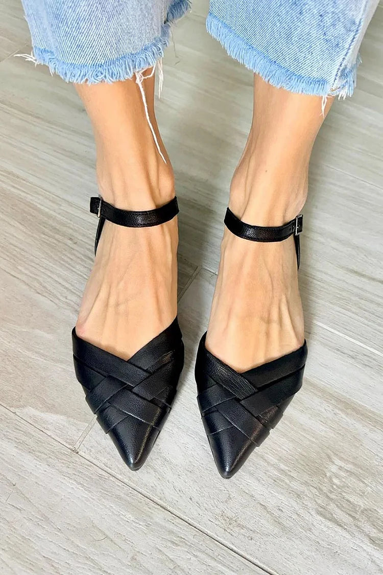 Woven Ankle Strap Buckle Pointed Toe Black Flats [Pre Order]