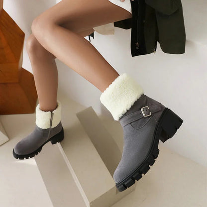 Round Toe Strap Buckle Decor Fluffy Trim Chunky Heel Snow Boots