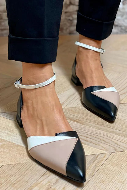 Ankle Strap Buckle Colorblock Pointed Toe Black Flats [Pre Order]