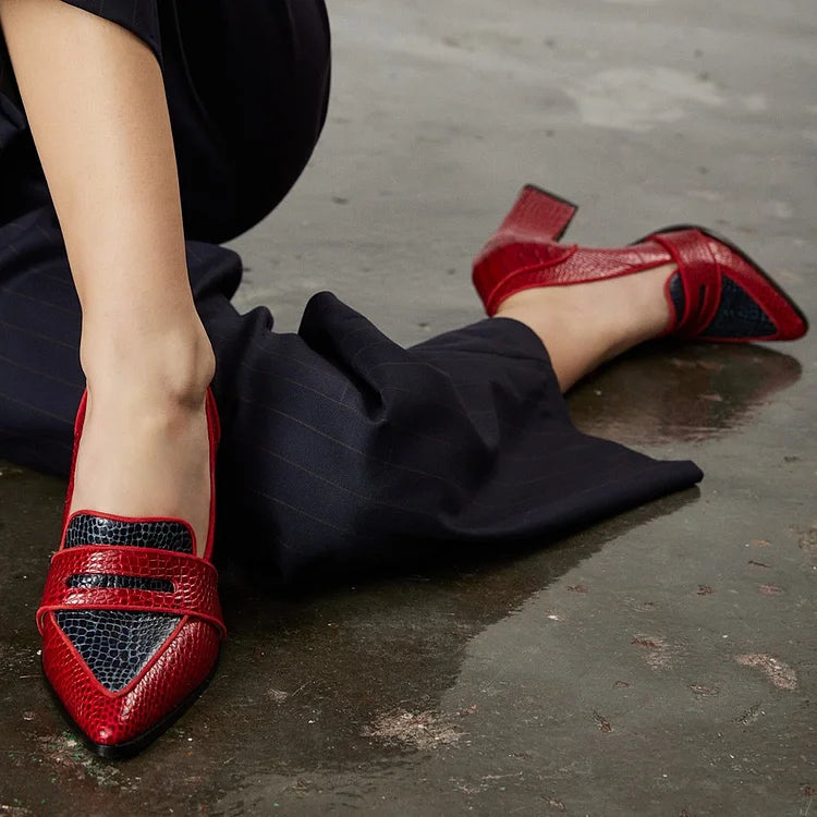 Colorblock Crocodile Pattern Pointed Toe Red Chunky Heels [Pre Order]