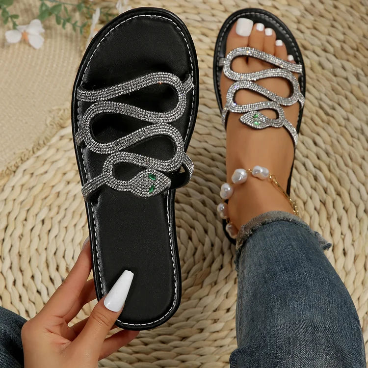 Rhinestone Snake Shaped Strap Round Toe Slippers