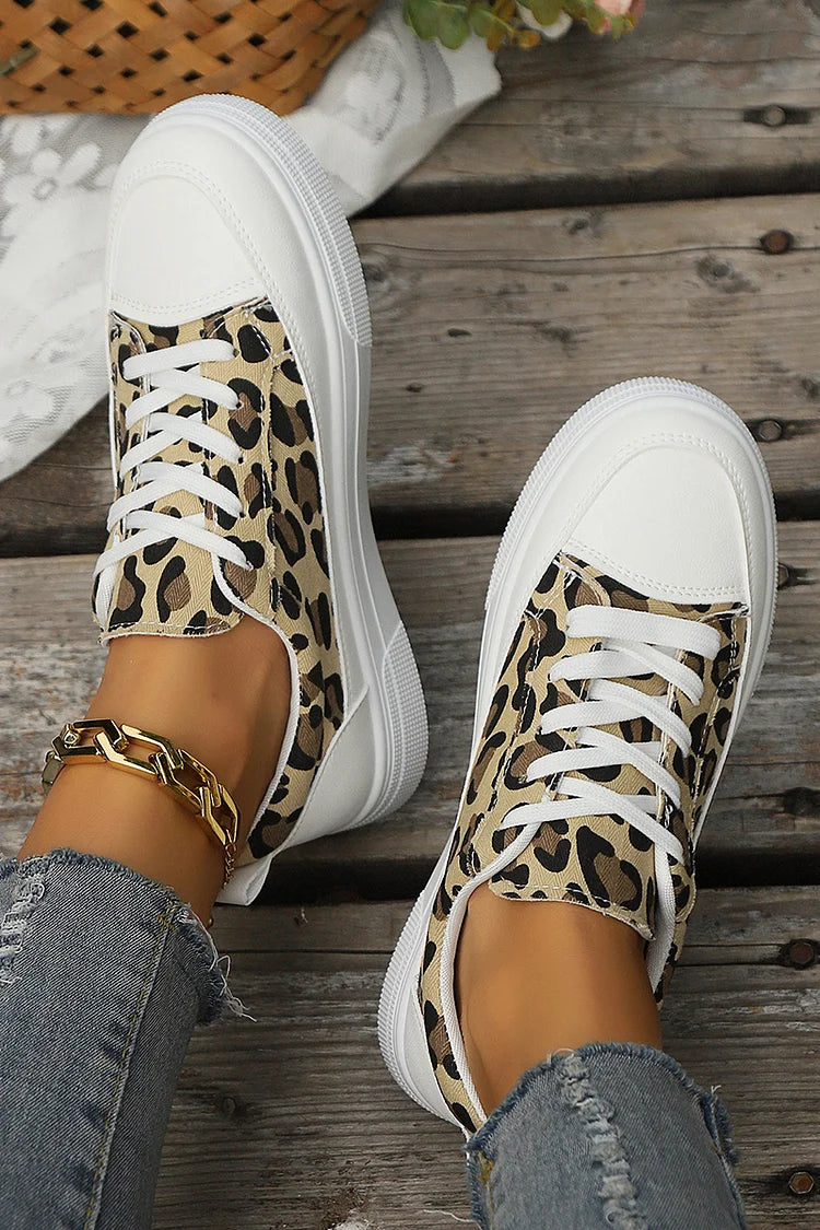 Leopard Print Round Toe Patchwork Lace Up Sneakers