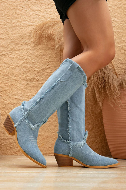 Denim Stitch Detail Raw Edge Pointed Toe Chunky Heel Mid Calf Boots