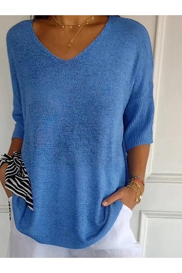 Solid Color Knitted V-Neck Top