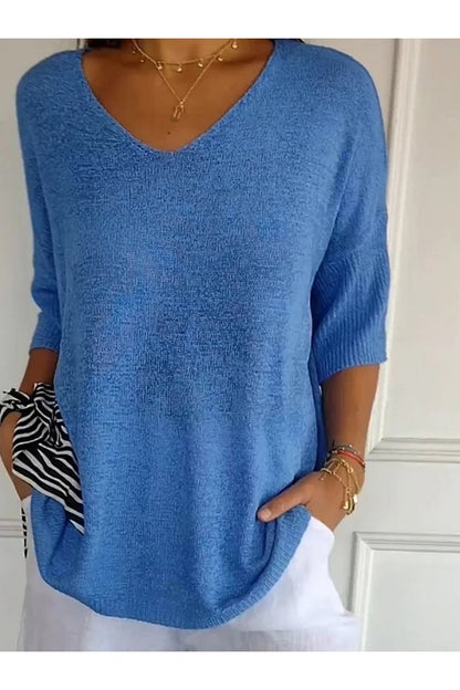 Solid Color Knitted V-Neck Top