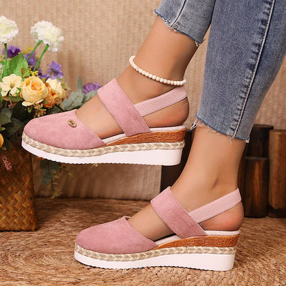 Metal Decor Slingback Strap Closed Toe Plain Espadrille Wedge Sandals