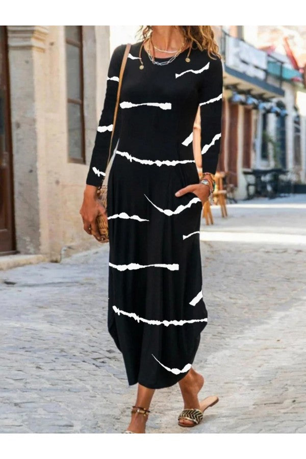 Casual Stripe Print Crew Neck Long Sleeve H-line Lightweight Daily Maxi Dress