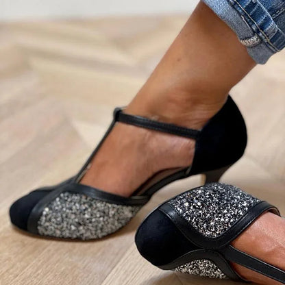Round Toe T-Strap Buckle Glitter Black Stiletto Heels [Pre Order]